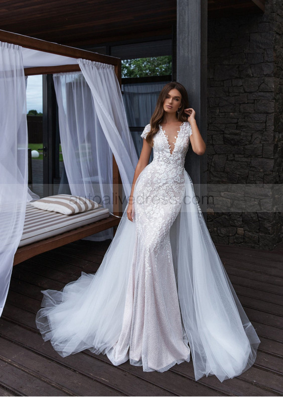 Mermaid Ivory Lace Beading Wedding Dress With Detachable Train